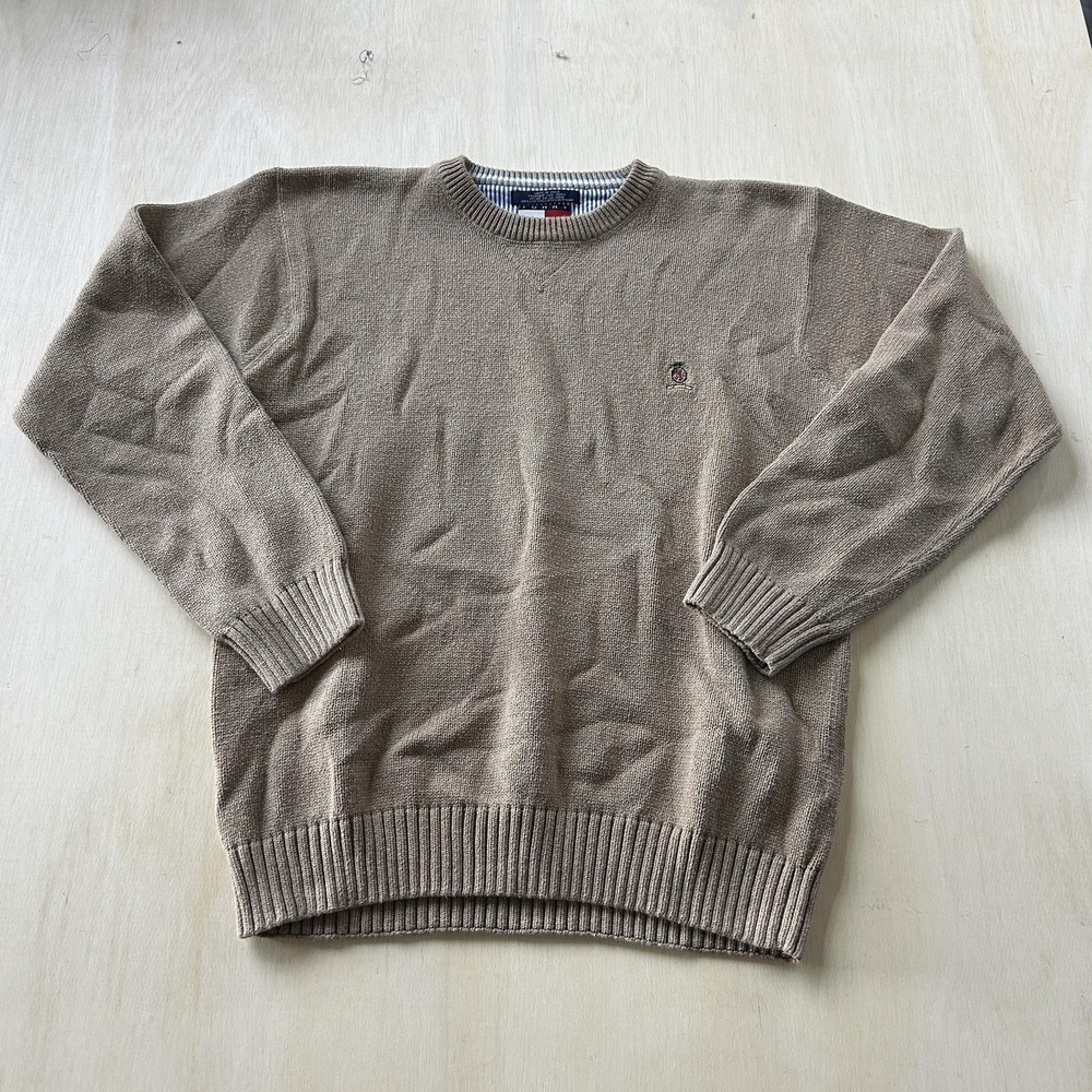 Tommy Hilfiger Sweater Mens Large Beige Classic Crewneck Cotton Knit‎ Pullover